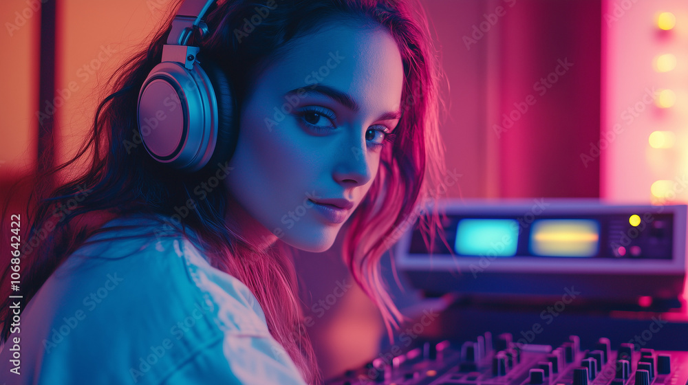 Portrait of Girl DJ with Retro Headphones and Vintage Player in Neon Pastel Colors Portrait of Girl DJ with Retro Headphones and Vintage Player in Neon Pastel Colors