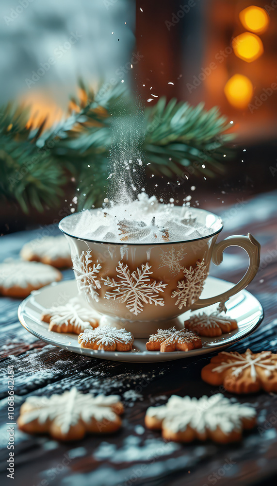 Christmas cookies, cup of drink. Snowflake decorations. Spruce branch. Christmas cookies, cup of drink. Snowflake decorations. Spruce branch.