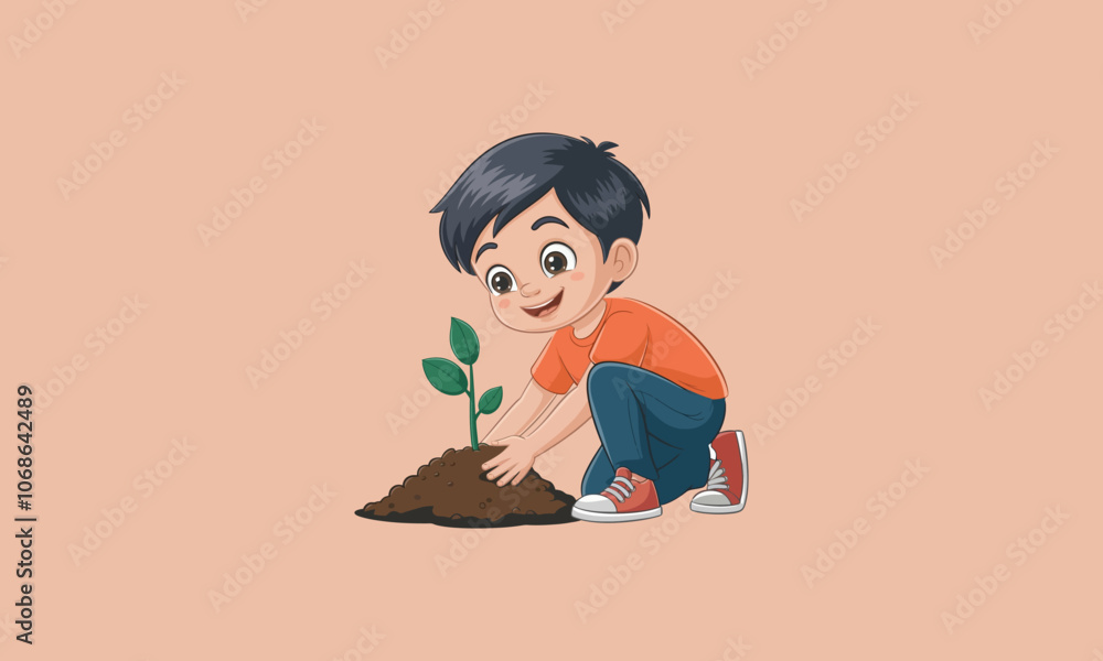 Child planting a young tree with a happy smile outdoors Child planting a young tree with a happy smile outdoors