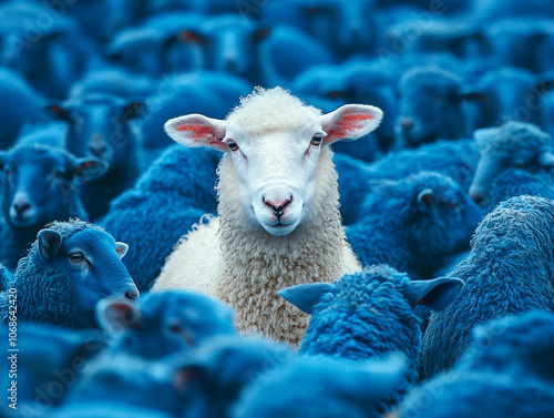 Unique White Sheep Among Blue Sheep in Field for Standout Concept photo