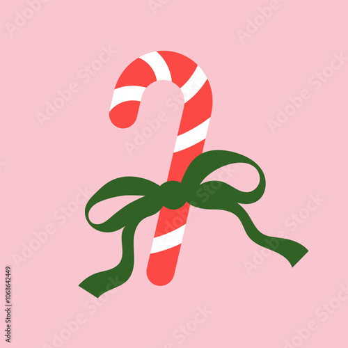 Candy cane tied with a green bow. Christmas flirty illustration on a pink background. Coquette core print