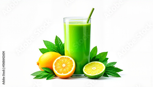 Glass of green juice with citrus fruits and leaves on white