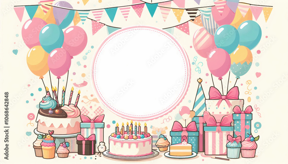Festive birthday party illustration with balloons, cake, and gifts, ready for personalization