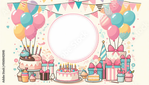 Festive birthday party illustration with balloons, cake, and gifts, ready for personalization