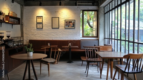 A modern cafe interior with exposed brick walls, wooden furniture, and large windows.