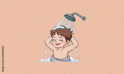 Happy child enjoying a shower with soap and bubbles