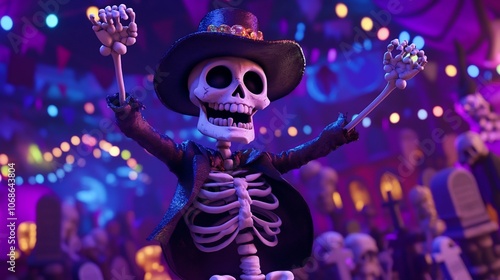 A skeleton wearing a top hat and tuxedo dances at a Day of the Dead celebration. photo