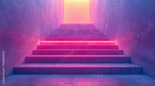 A staircase with pink steps leading to a bright light