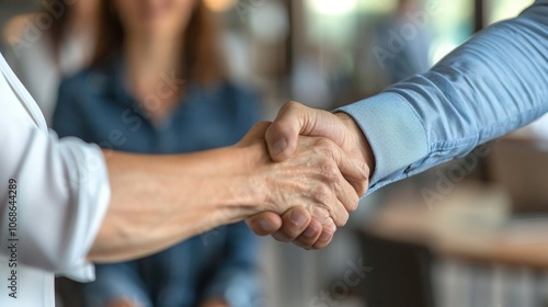 A business handshake in a modern office.