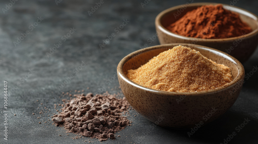 Three bowls of various spices sit on a dark surface, showcasing vibrant colors and textures that evoke culinary creativity and flavor. Three bowls of various spices sit on a dark surface, showcasing vibrant colors and textures that evoke culinary creativity and flavor.