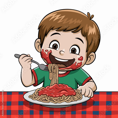 Happy child eating spaghetti with sauce, messy face