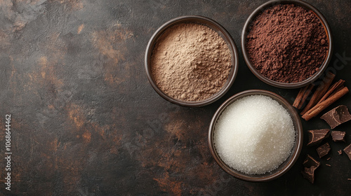 A rustic display of various sweeteners in bowls, including brown sugar, cocoa powder, and granulated sugar, complemented by cinnamon sticks and chocolate pieces. photo