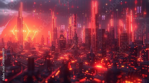 A detailed illustration of a futuristic cityscape with glowing digital currency symbols.