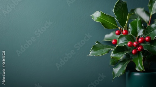 A delicate winter holly branch with vibrant red berries and deep green leave. Christmas Holly. ai generated