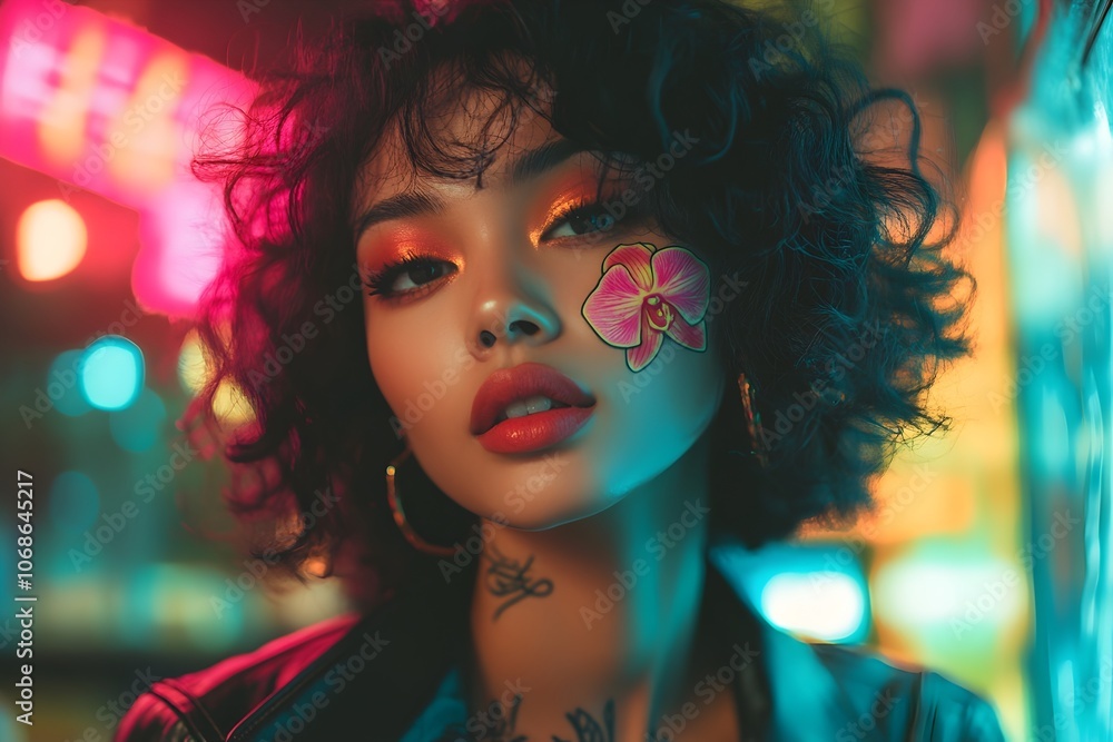 A captivating woman stands under neon lights, wearing a leather jacket with curly hair and floral tattoos. She holds vibrant orchids, blending elegance with an edgy urban aesthetic. A captivating woman stands under neon lights, wearing a leather jacket with curly hair and floral tattoos. She holds vibrant orchids, blending elegance with an edgy urban aesthetic.