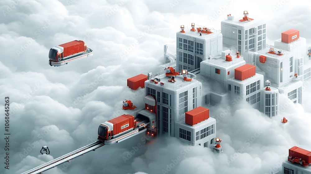 Futuristic Automated Cargo Transport System in the Clouds Levitating Cargo Transports Self Driving Trucks Robotic Cargo Handlers Futuristic Automated Cargo Transport System in the Clouds Levitating Cargo Transports Self Driving Trucks Robotic Cargo Handlers