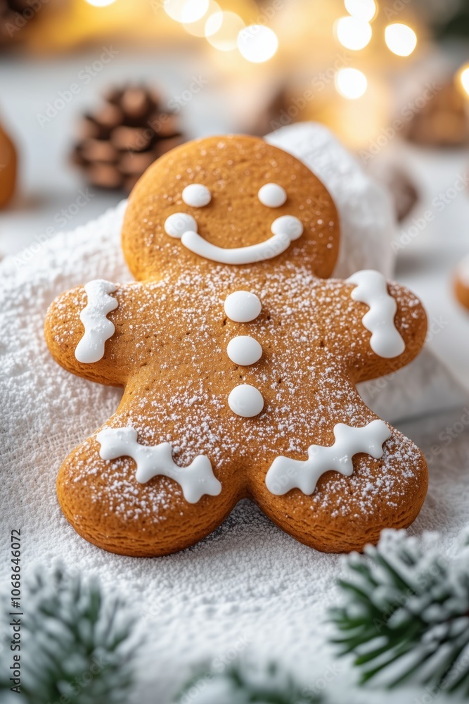 Festive gingerbread man cookie with powdered sugar and icing details, perfect for holiday cheer. Festive gingerbread man cookie with powdered sugar and icing details, perfect for holiday cheer.