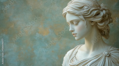 pastel background featuring a marble statue of aphrodite in a thoughtful pose, evoking elegance and classic beauty, with soft lighting enhancing the delicate textures of the sculpture photo