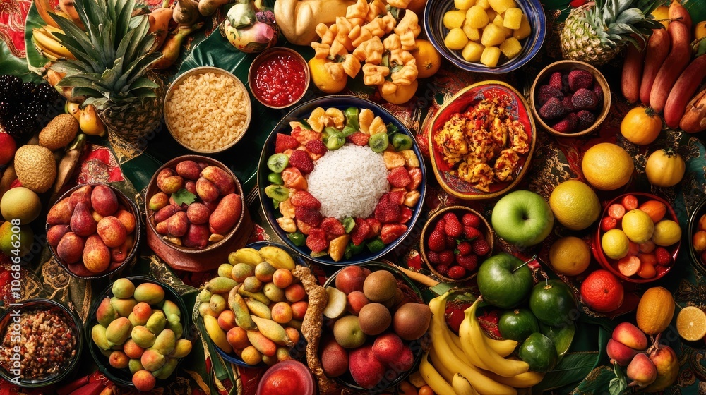 Vibrant Display of Fresh Fruits and Rice on Colorful Table Vibrant Display of Fresh Fruits and Rice on Colorful Table