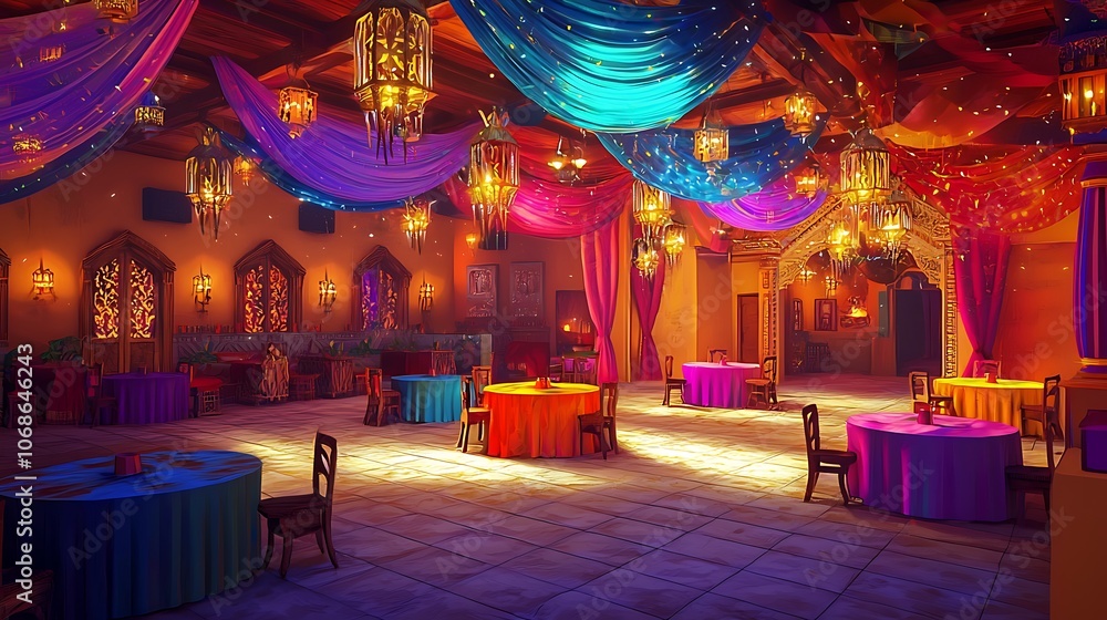 Obraz premium A Luxurious Festive Hall Decorated with Colorful Drapes and Lanterns.