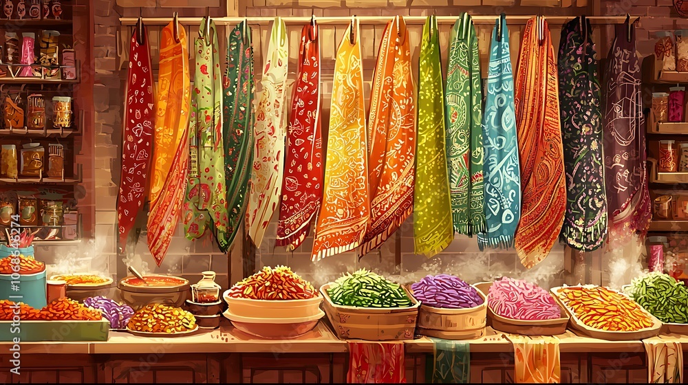 Vibrant Indian Market Stall with Spices and Textiles. Vibrant Indian Market Stall with Spices and Textiles.