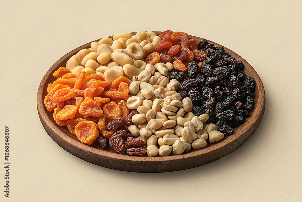 A wooden bowl filled with nuts and dried fruits The crunchy texture is complemented by the natural sweetness
A wooden bowl filled with nuts and dried fruits The crunchy texture is complemented by the natural sweetness