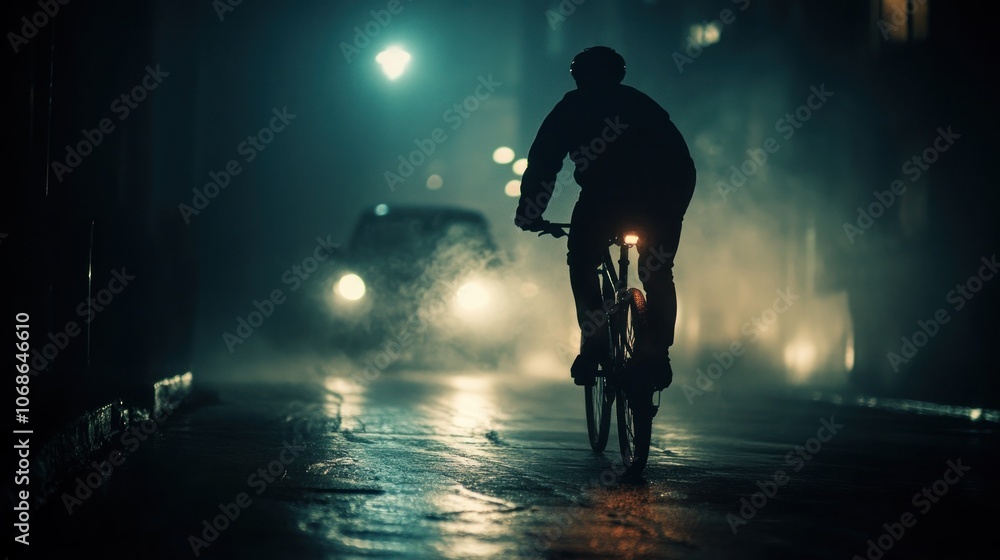 Silhouette of a Cyclist in Foggy Night City Silhouette of a Cyclist in Foggy Night City