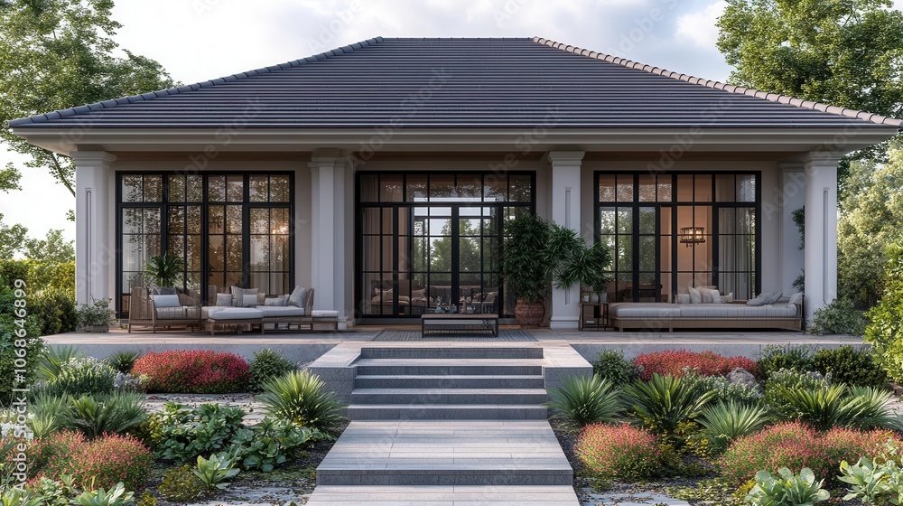 patio home front view showcasing an inviting porch and garden, isolated against a transparent background. the composition highlights architectural details and outdoor living possibilities patio home front view showcasing an inviting porch and garden, isolated against a transparent background. the composition highlights architectural details and outdoor living possibilities