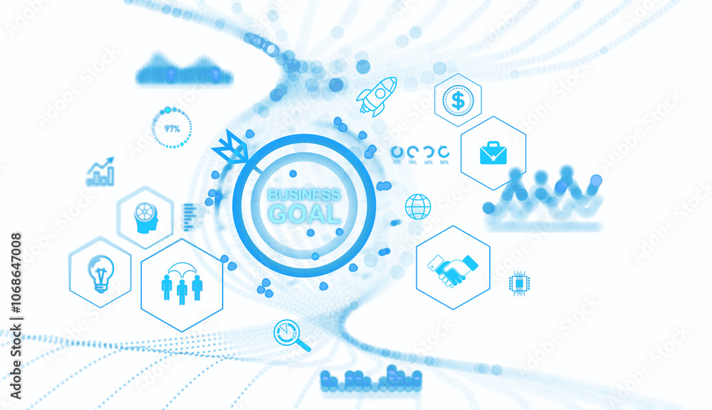 Obraz premium Abstract business goal concept with icons like target, handshake, light bulb, and rocket. Light background with a futuristic feel. Concept of strategy and success