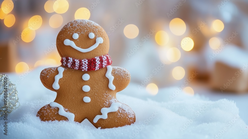 A festive gingerbread man cookie with a cozy red scarf, dusted in powdered sugar, in a snowy holiday setting. A festive gingerbread man cookie with a cozy red scarf, dusted in powdered sugar, in a snowy holiday setting.