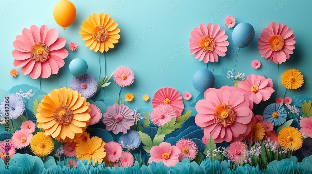 Lovely 3D Paper Cuttings Design: Colorful Flowers and Balloons in an Energetic, Beautiful Background for a Charming and Vibrant Look Lovely 3D Paper Cuttings Design: Colorful Flowers and Balloons in an Energetic, Beautiful Background for a Charming and Vibrant Look