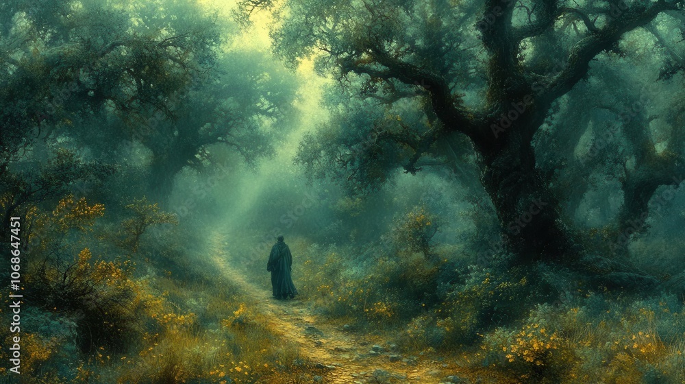 peasant traversing through an eerie, misty woodland, dressed in simple medieval attire, evoking a sense of adventure and mystery in a forgotten landscape peasant traversing through an eerie, misty woodland, dressed in simple medieval attire, evoking a sense of adventure and mystery in a forgotten landscape