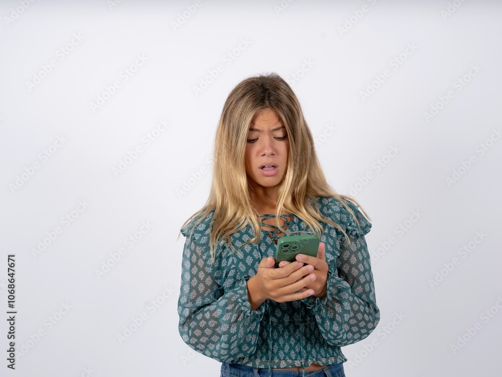 Surprised caucasian teen girl wearing green dress over white using smartphone reading social media news, or important e-mail Surprised caucasian teen girl wearing green dress over white using smartphone reading social media news, or important e-mail
