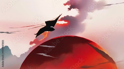 abstract Japanese red sunrise art illustration, japan red sunrise, white background, japanese culture, traditions, language, ink Painting of beautiful calm trees, mountains, flowers, Retro landscape