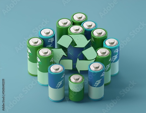 3D green recycling symbol surrounded by batteries