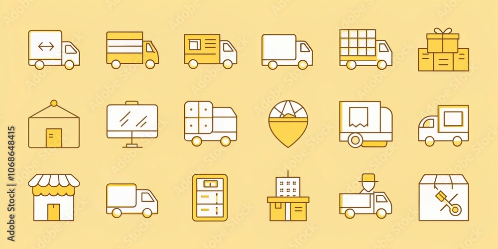 Thin Line Delivery Icons with Yellow Shadow - Vector Illustration for E-commerce, Shipping, and Logistics Thin Line Delivery Icons with Yellow Shadow - Vector Illustration for E-commerce, Shipping, and Logistics