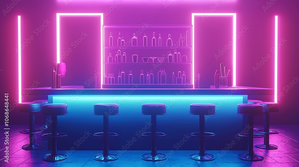 Neon Bar Interior with Empty Stools. Neon Bar Interior with Empty Stools.