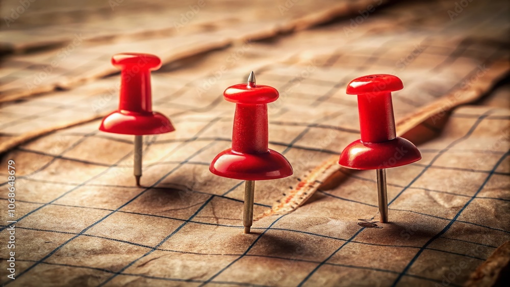 Three Red Push Pins on Crumpled Paper with Grid Background - Urban Exploration Photography, Office Supplies, Creative Workspace, Minimalist Design, Stationery Art Three Red Push Pins on Crumpled Paper with Grid Background - Urban Exploration Photography, Office Supplies, Creative Workspace, Minimalist Design, Stationery Art