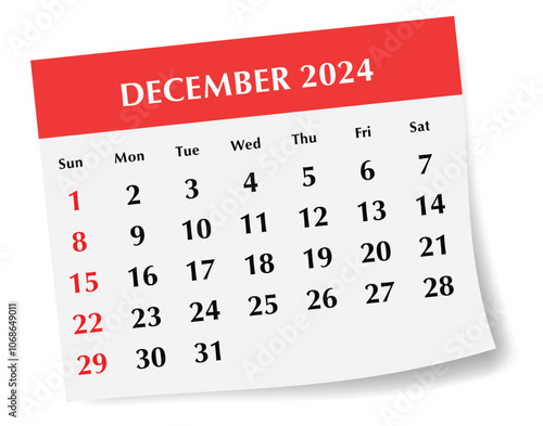 ENGLISH december 2024 calendar. Vector illustration. Monthly planning for business events