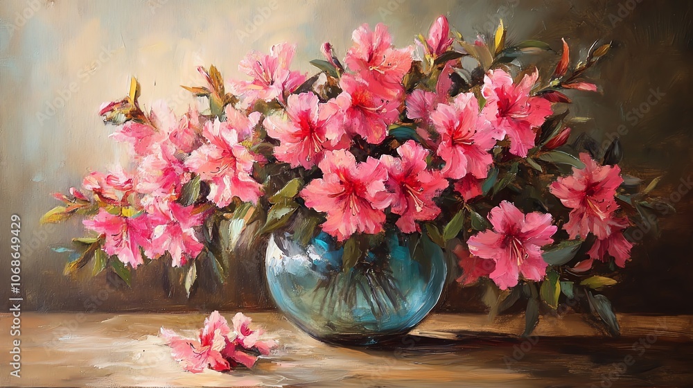 A stunning display of pink azaleas in a vibrant blue vase, adding beauty and elegance to any space. A stunning display of pink azaleas in a vibrant blue vase, adding beauty and elegance to any space.
