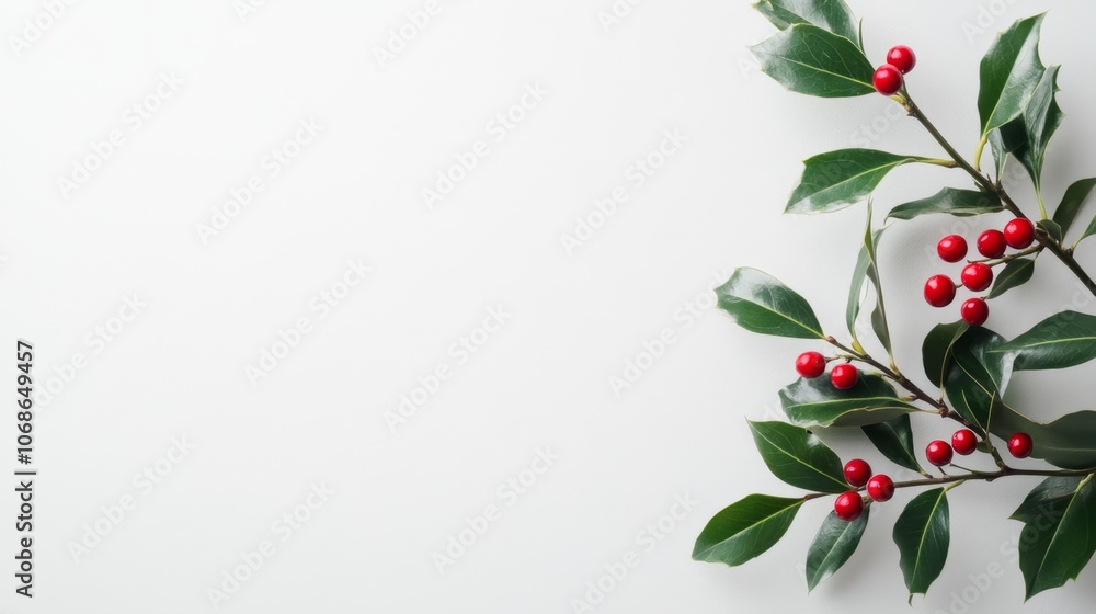 Fototapeta premium A delicate winter holly branch with vibrant red berries and deep green leave. Christmas Holly. ai generated