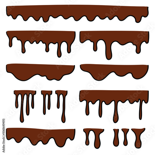 Hand drawn cartoon melted chocolate set on white background.