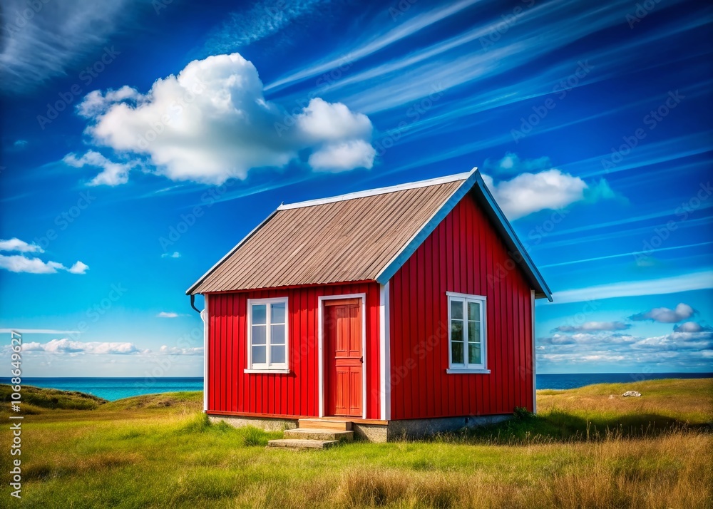 Tiny Red Wooden Minimalist House Under a Bright Blue Sky - Perfect Product Photography for Modern Architecture, Minimalism, Nature, and Home Decor Enthusiasts Tiny Red Wooden Minimalist House Under a Bright Blue Sky - Perfect Product Photography for Modern Architecture, Minimalism, Nature, and Home Decor Enthusiasts