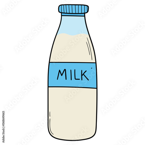 Hand drawn cartoon milk bottle on white background.