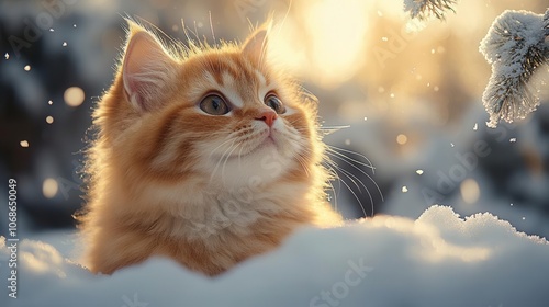 Wallpaper Mural playful fluffy cat immersed in a snowy landscape, joyfully exploring the winter wonderland, with snowflakes gently falling around and a backdrop of snow-covered trees Torontodigital.ca