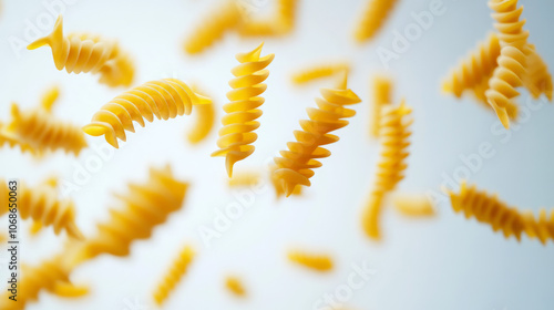 Close-up shot of flying fusilli pasta against white background. Image with shallow depth of field