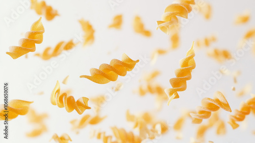 Close-up shot of flying fusilli pasta against white background. Image with shallow depth of field