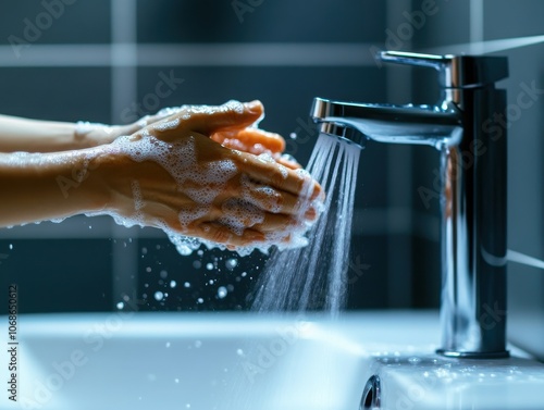 A close-up of hands washing with soap under running water in a modern bathroom, emphasizing hygiene and cleanliness. photo