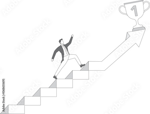 Steps to Success, A businessman climbing up the growing chart steps and achieving her goals