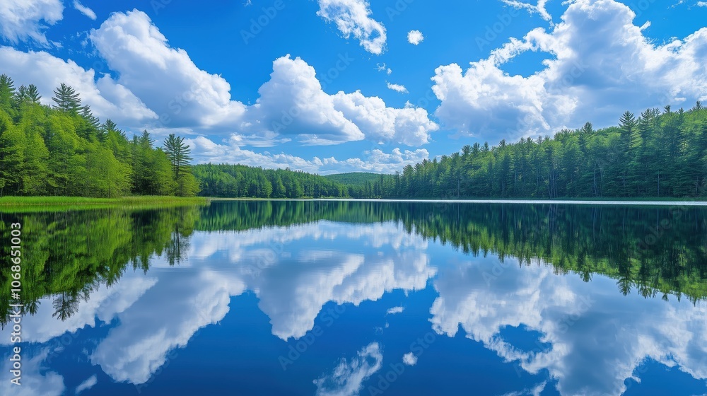 Fototapeta premium A tranquil lake reflecting the clear blue sky and fluffy white clouds